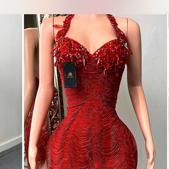 Elegant Red Sequin Halter Dress
